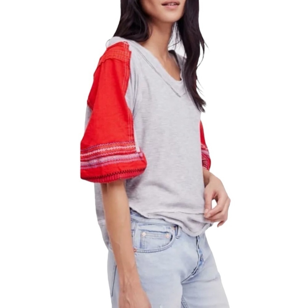 Free People Heather Gray Tee with Red Accents